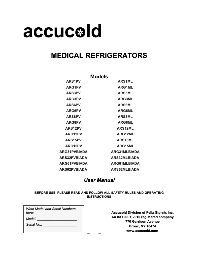 Page n°1 - Manuel utilisateur Accucold ARS32PVBIADA