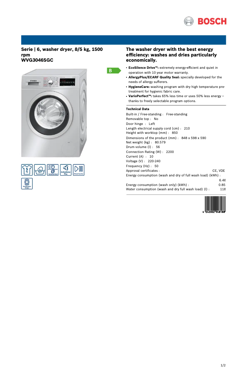 Page n°1 - Fiche technique Bosch WVG3046SGC