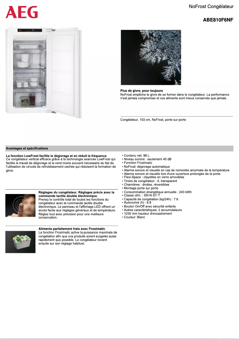 Page 1 de la notice Fiche technique AEG ABE810F6NF
