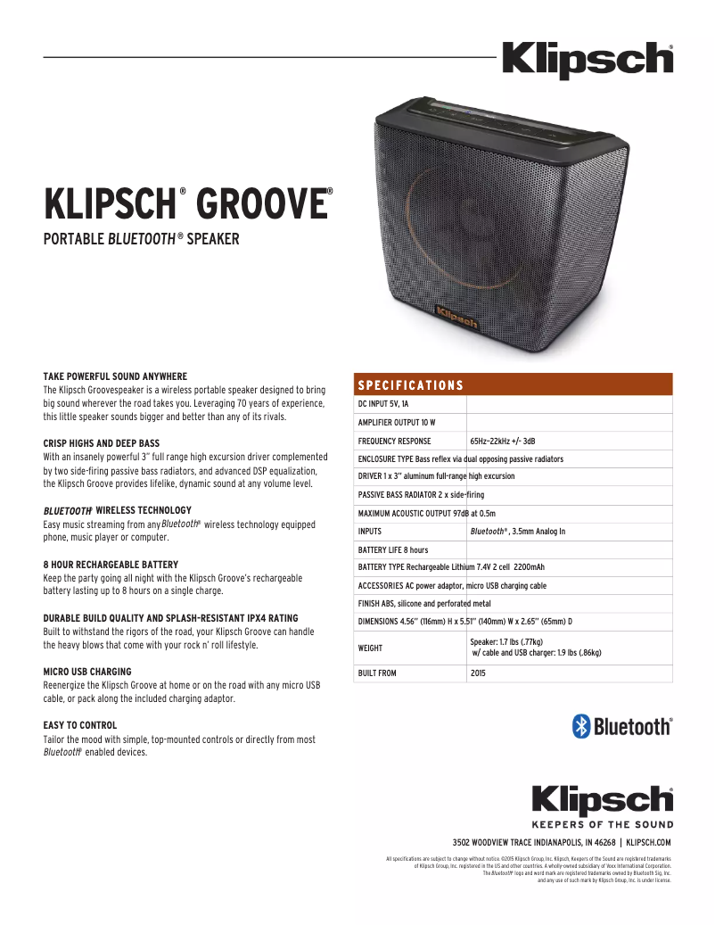 Page 1 de la notice Fiche technique Klipsch Heritage Groove