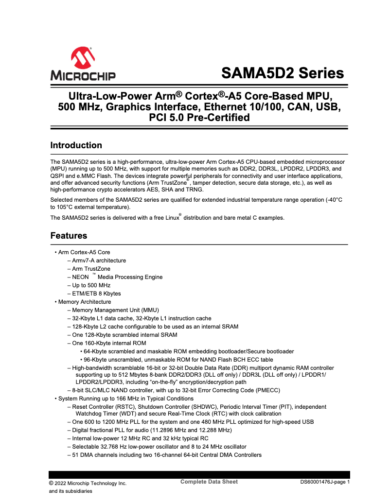 Page 1 de la notice Fiche technique Microchip ATSAMA5D28