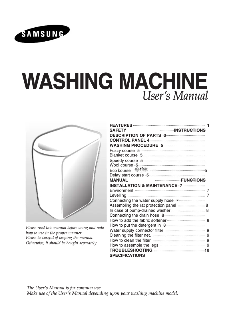 Page 1 de la notice Manuel utilisateur Samsung WA80B3N1EW