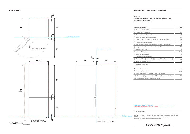 Page 1 de la notice Fiche technique Fisher & Paykel RF402BLPX6