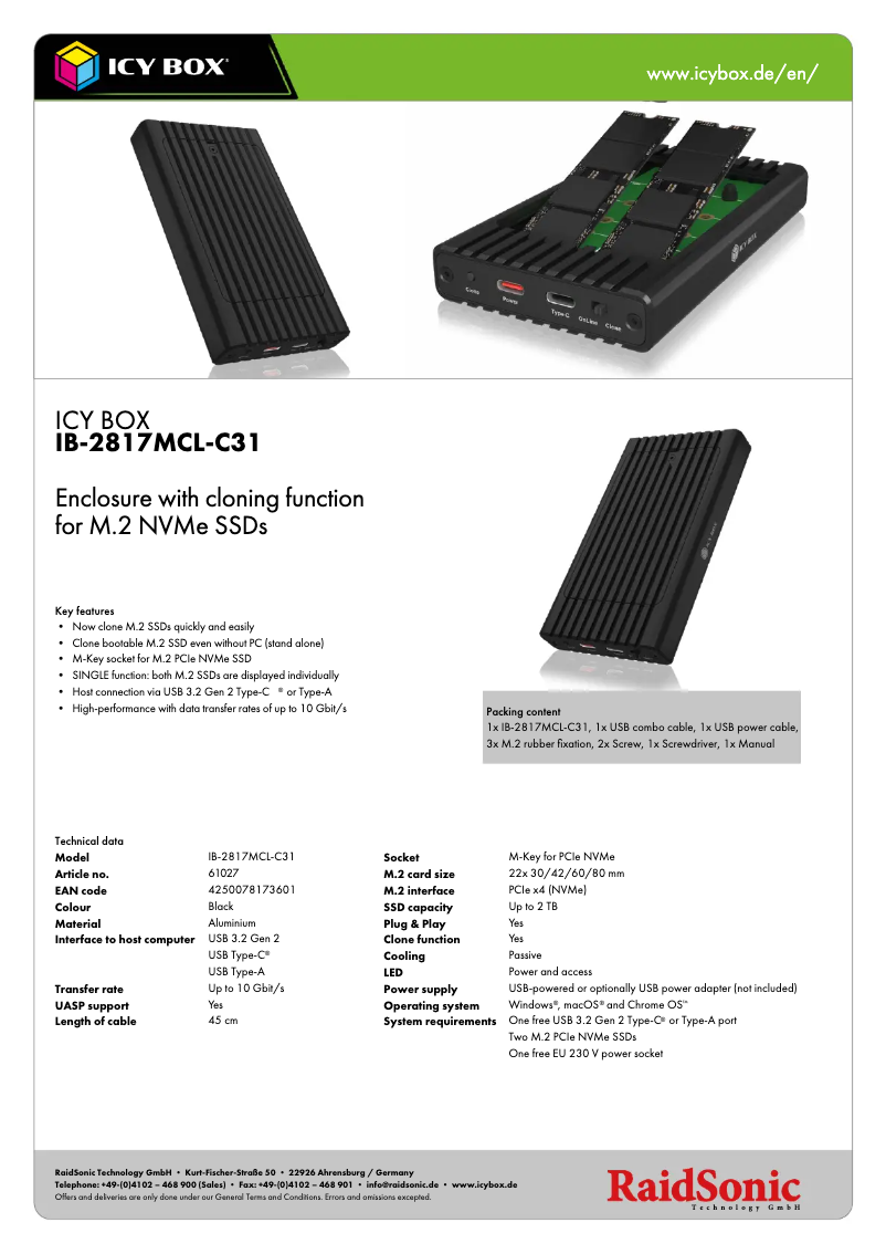 Page 1 de la notice Fiche technique Icy Box IB-2817MCL-C31