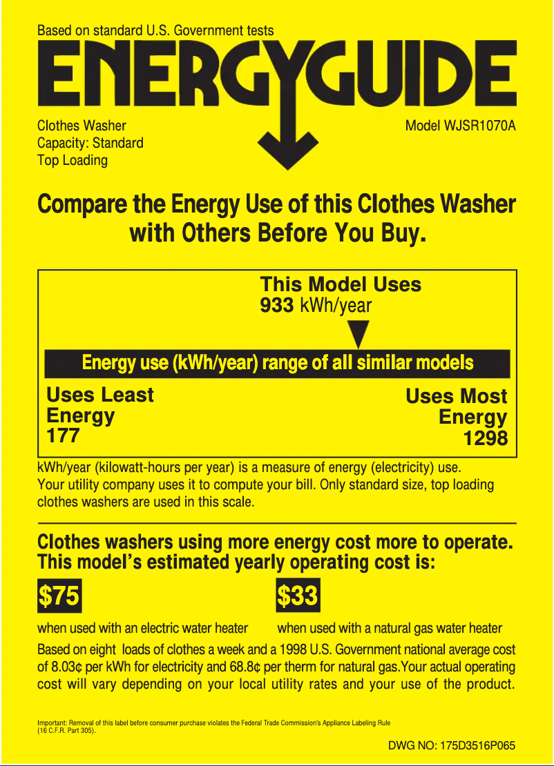 Page 1 de la notice Label énergétique GE WJSR1070AAA