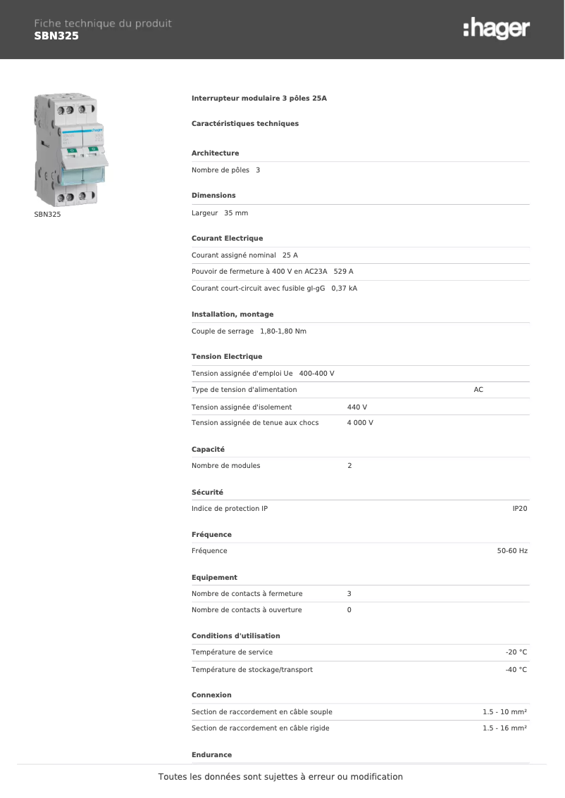 Page n°1 - Fiche technique Hager SBN325