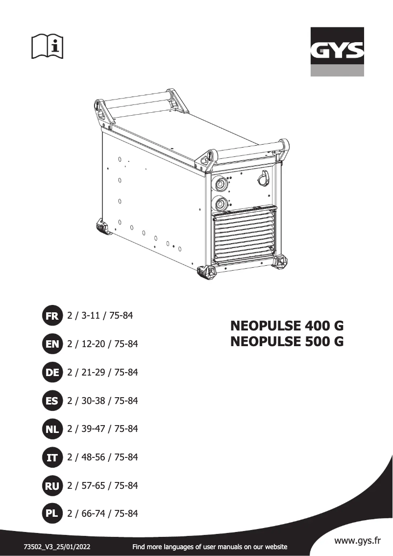 Page 1 de la notice Manuel utilisateur GYS Neopulse 500 G