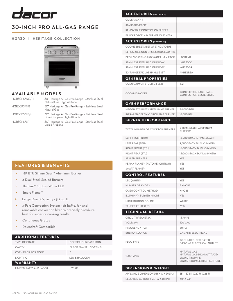 Page n°1 - Fiche technique Dacor HGR30PS/NG