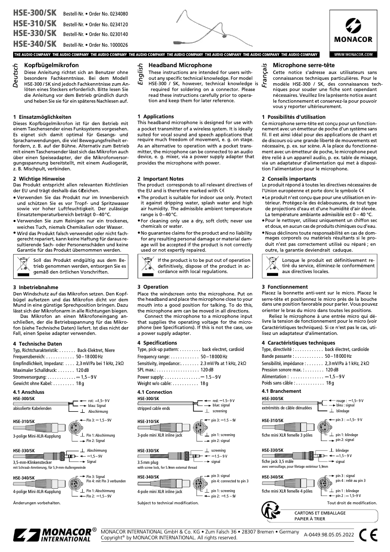 Page 1 de la notice Manuel utilisateur Monacor HSE-330/SK
