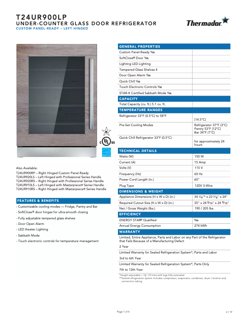 Page n°1 - Fiche technique Thermador T24UR900LP