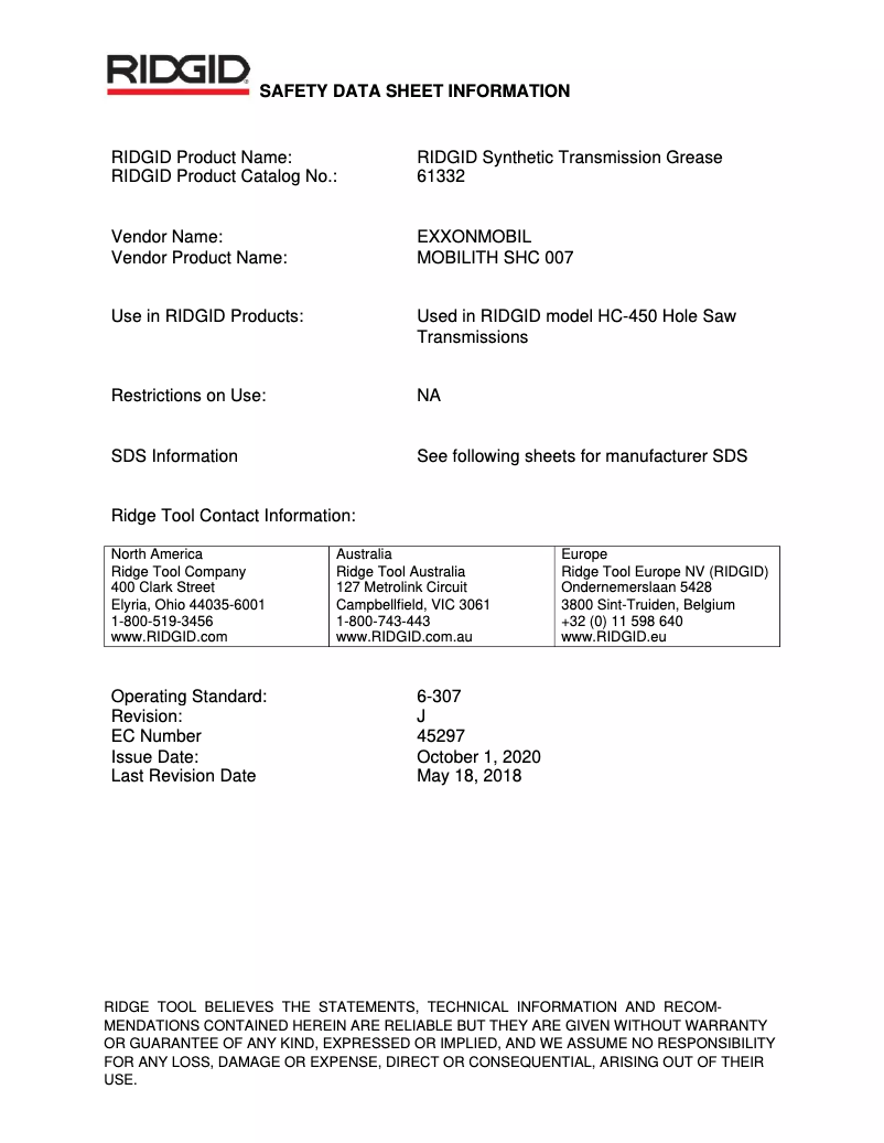 Page 1 de la notice Fiche technique Ridgid HC-450