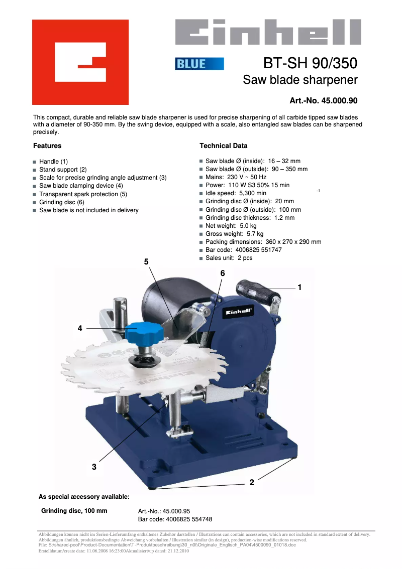 Page n°1 - Fiche technique Einhell BT-SH 90/350