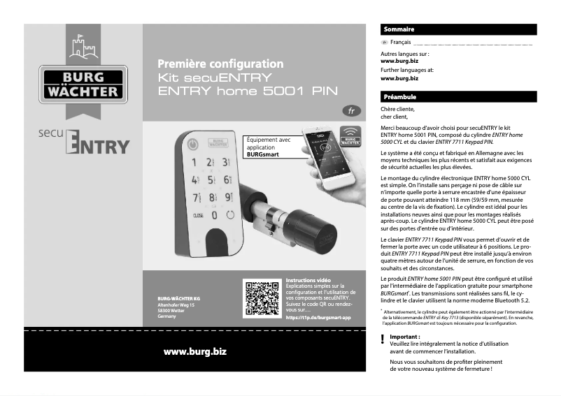 Page n°1 - Manuel utilisateur Burg Wächter ENTRY Home 5001 PIN