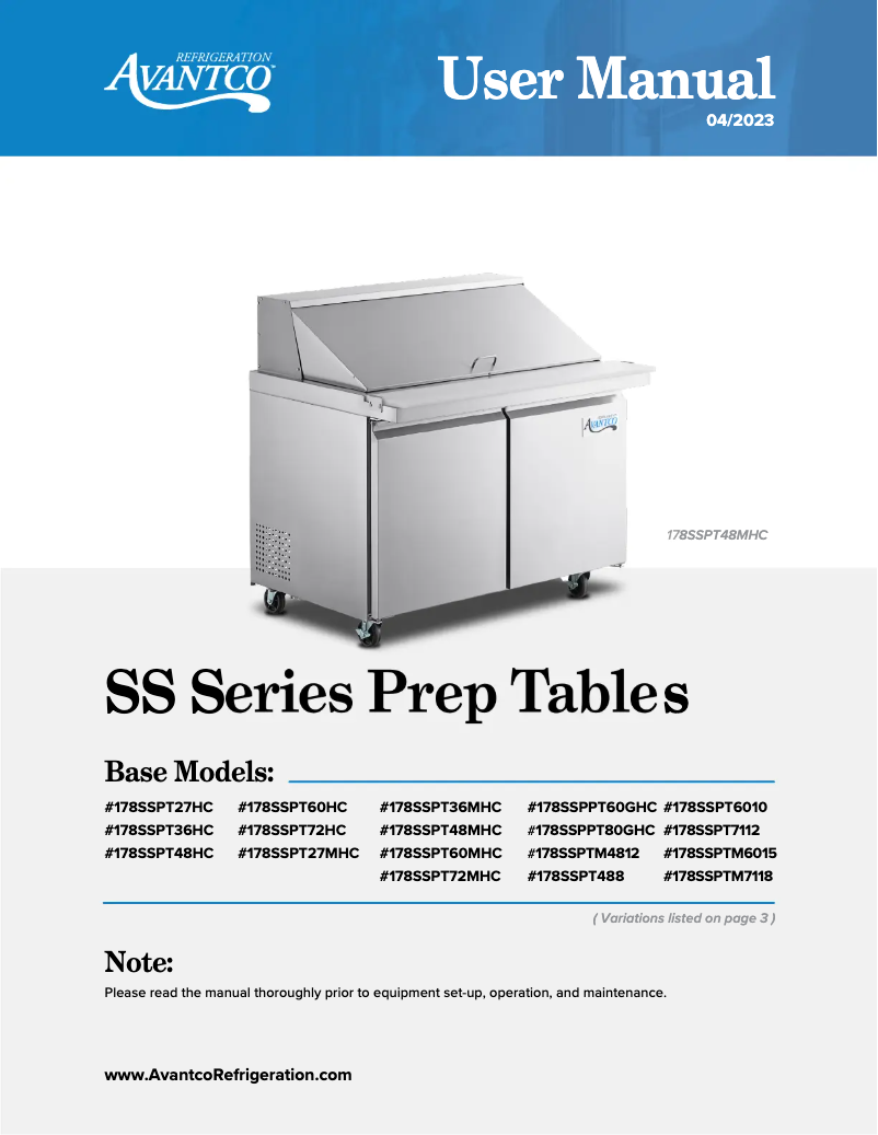 Página 1 del manual Manual de usuario Avantco SS-PT-27-HC