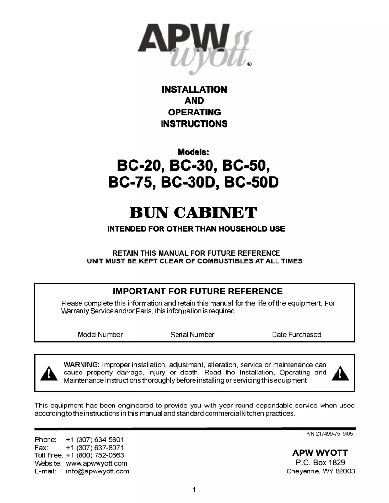 Page 1 de la notice Manuel utilisateur APW Wyott BC-50