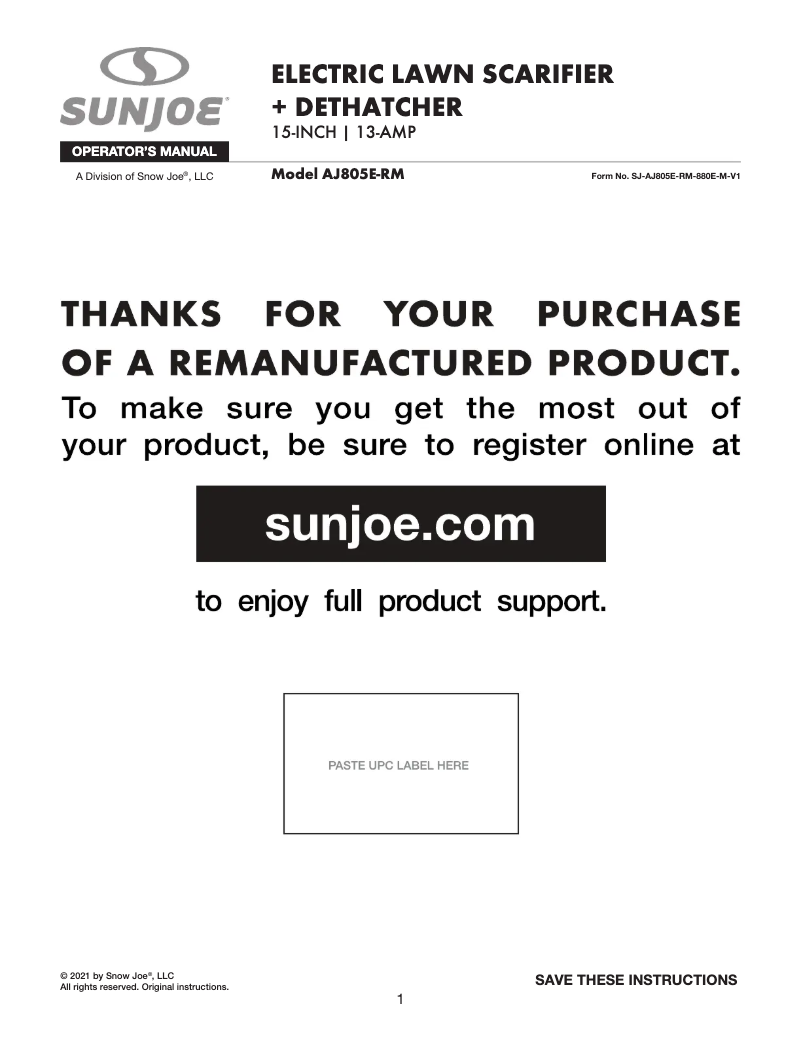 Page n°1 - Manuel utilisateur Sun Joe AJ805E-RM