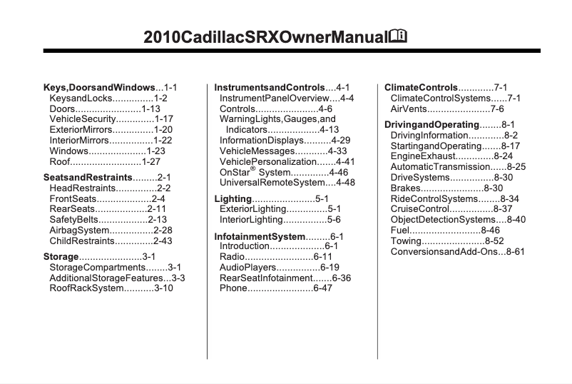 Image de la première page du manuel de l'appareil SRX Crossover (2010)