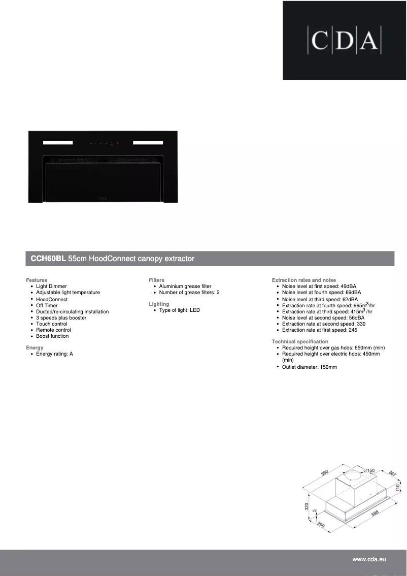 Page 1 de la notice Fiche technique CDA CCH60BL