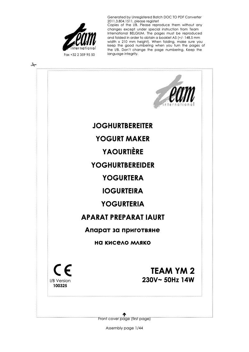 Page 1 de la notice Manuel utilisateur Team YM 2