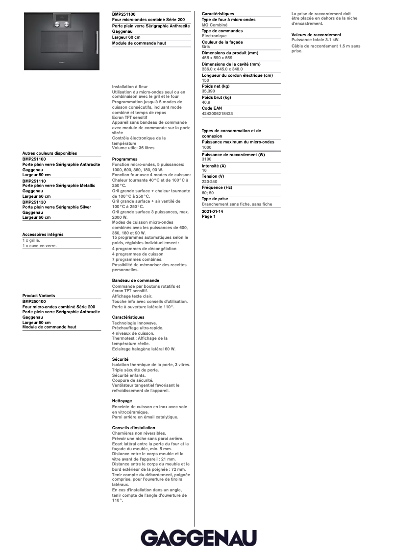 Página 1 del manual Ficha técnica Gaggenau BMP251100