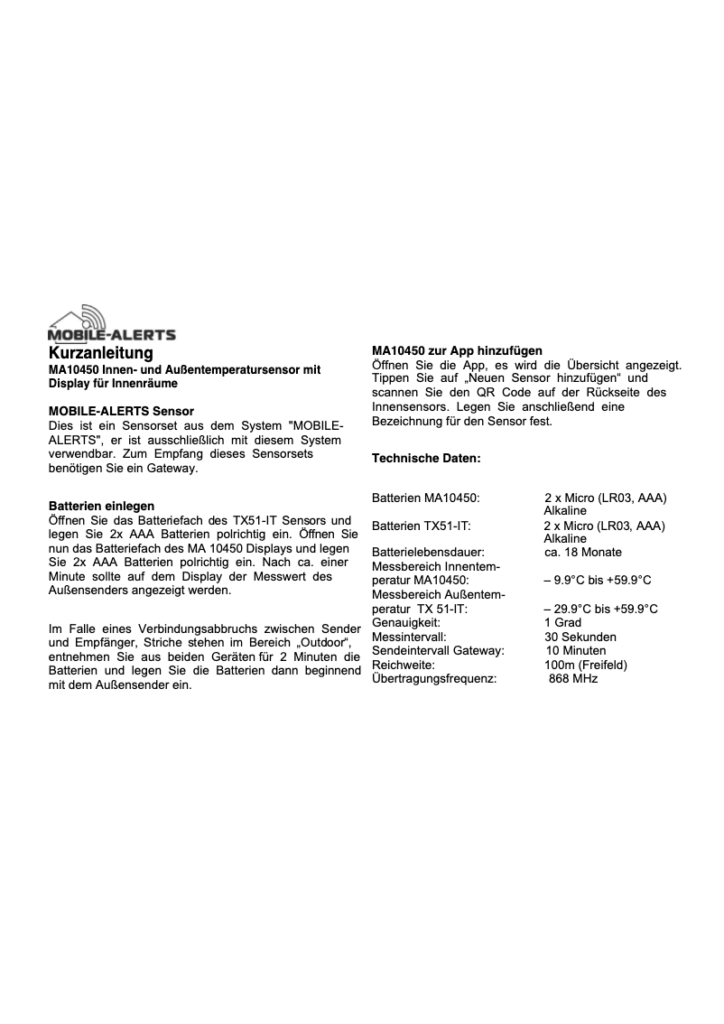 Page 1 de la notice Manuel utilisateur Techno Line MA 10450