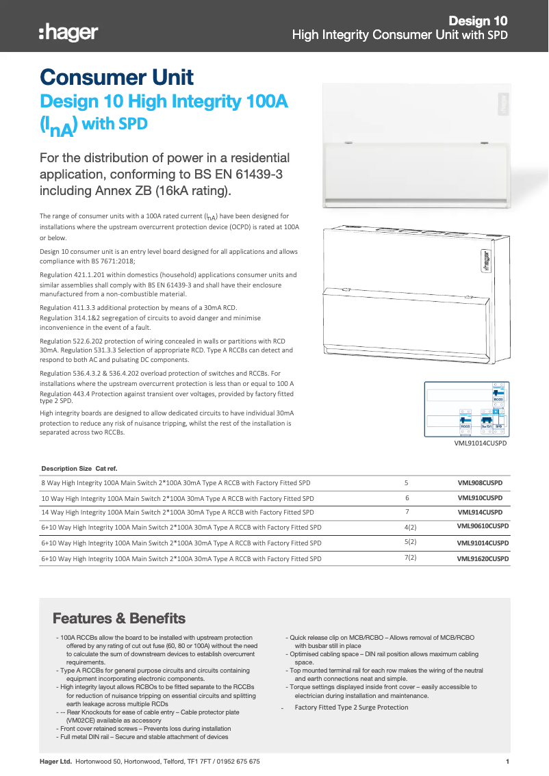 Page n°1 - Fiche technique Hager VML91620CUSPD