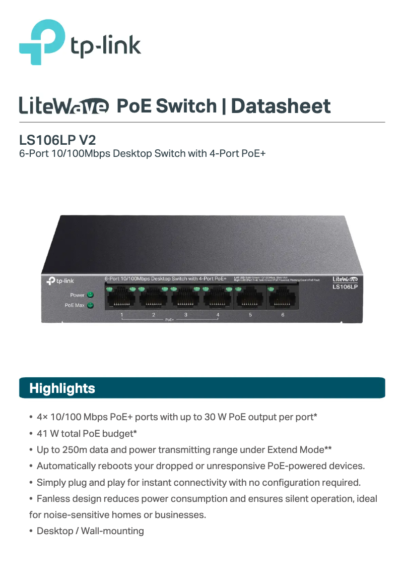 Página 1 del manual Ficha técnica TP-Link LS106LP