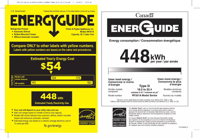 Página 1 del manual Etiqueta energética Fisher & Paykel RF201ADW5 N