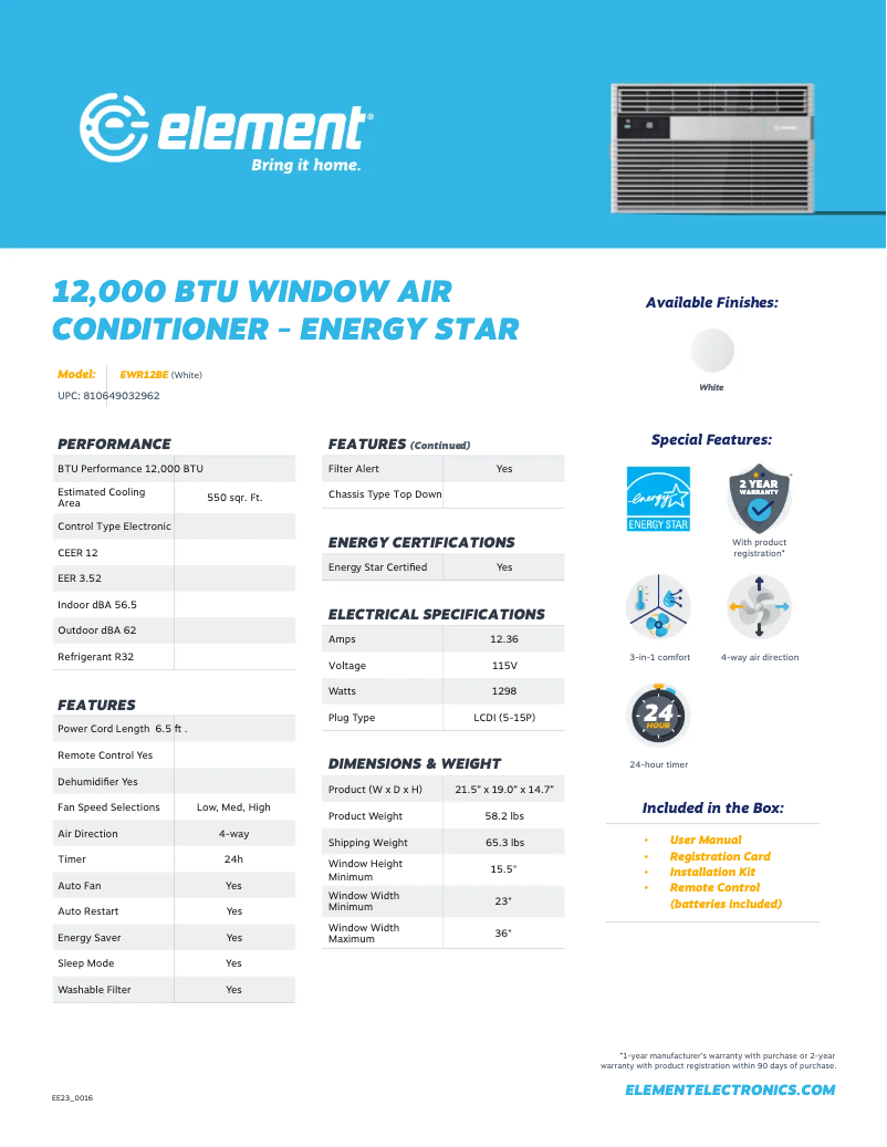 Page 1 de la notice Fiche technique Element EWR12BE