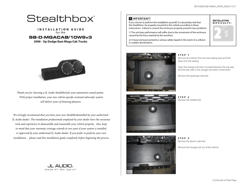 Page n°1 - Manuel utilisateur JL Audio Stealthbox SB-D-MGACAB/10W6v3