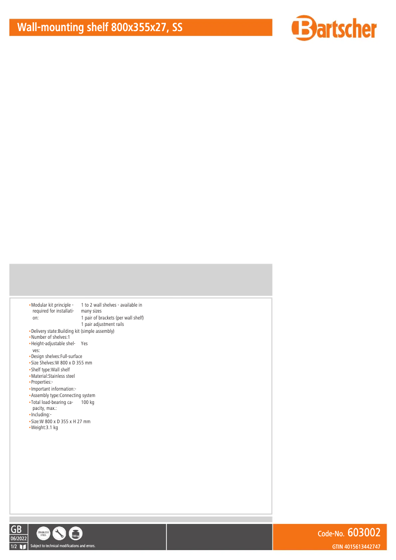 Page 1 de la notice Fiche technique Bartscher 603002