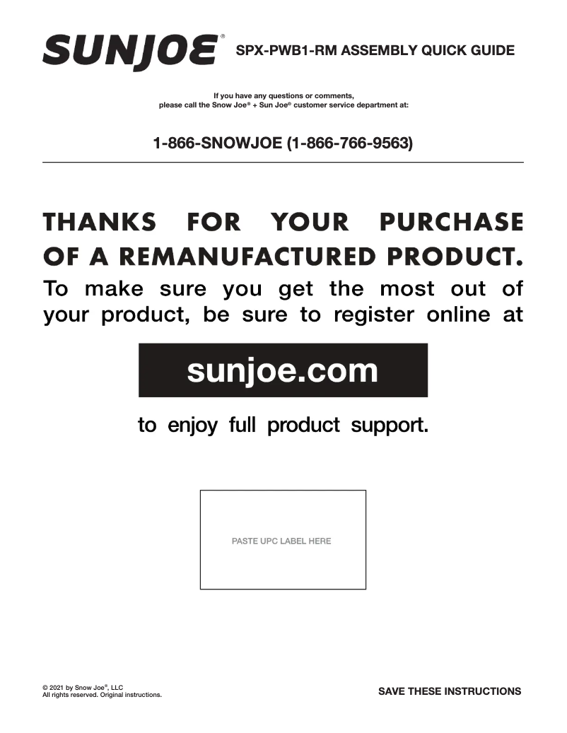 Página 1 del manual Manual de usuario Sun Joe SPX-PWB1-RM