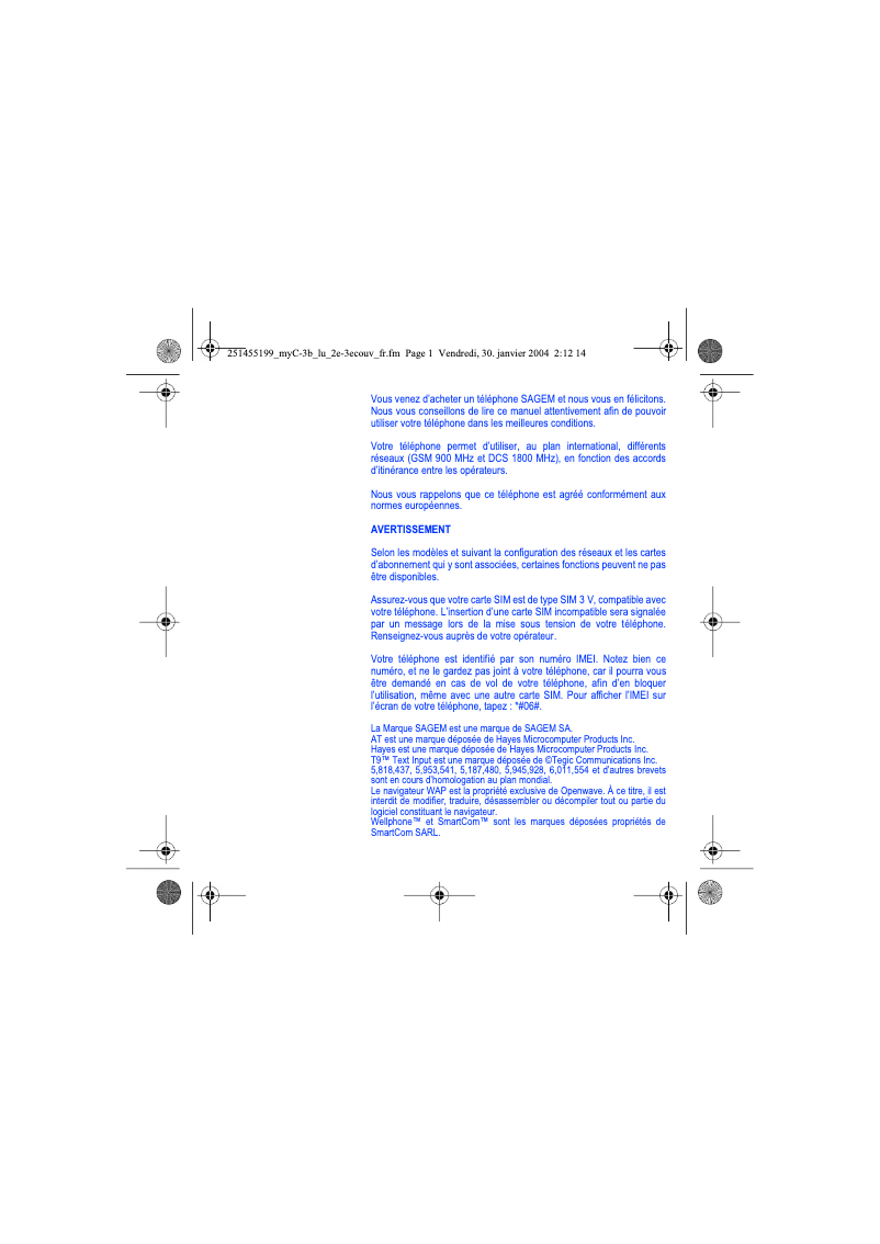 Page 1 de la notice Manuel utilisateur Sagem myC-3b