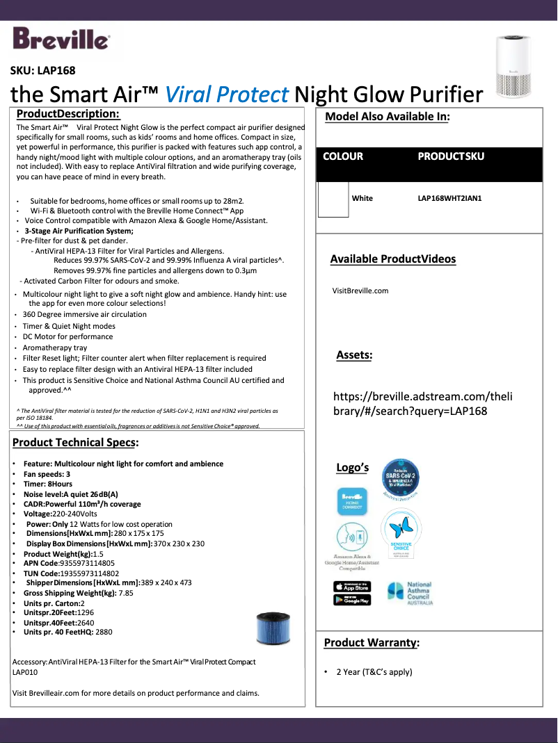 Page 1 de la notice Fiche technique Breville the Smart Air LAP168