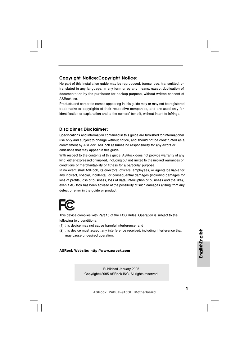 Page 1 de la notice Manuel utilisateur Asrock P4Dual-915GL