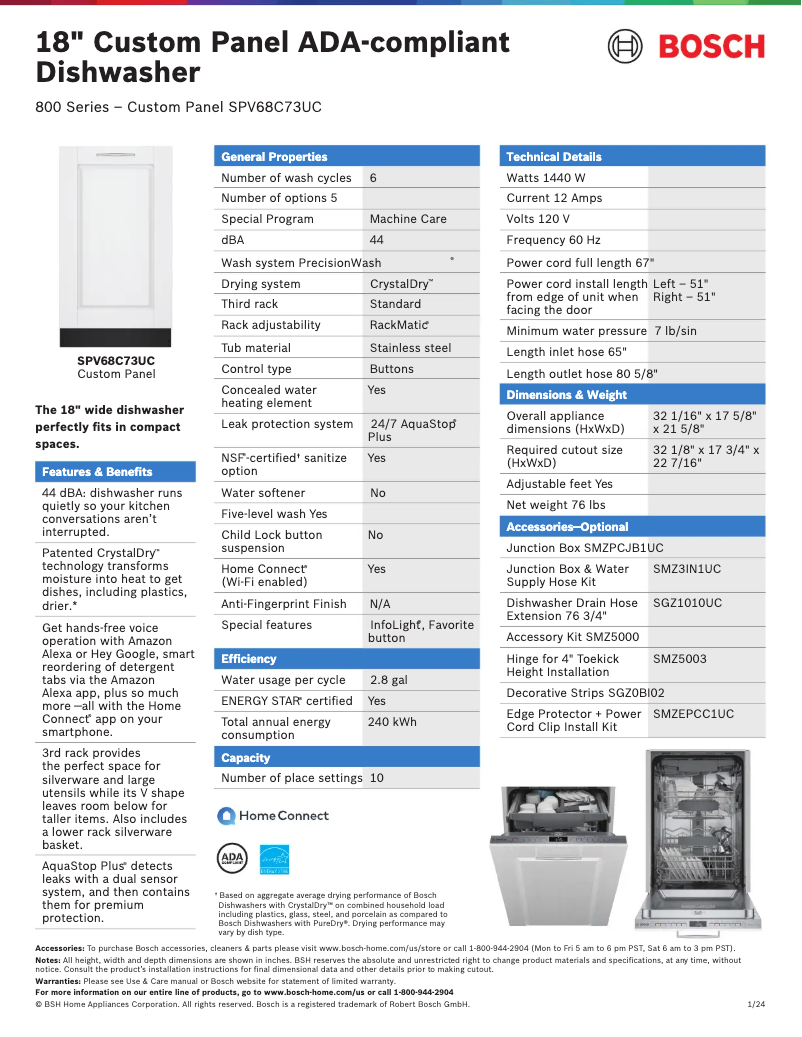 Página 1 del manual Ficha técnica Bosch SPV68C73UC