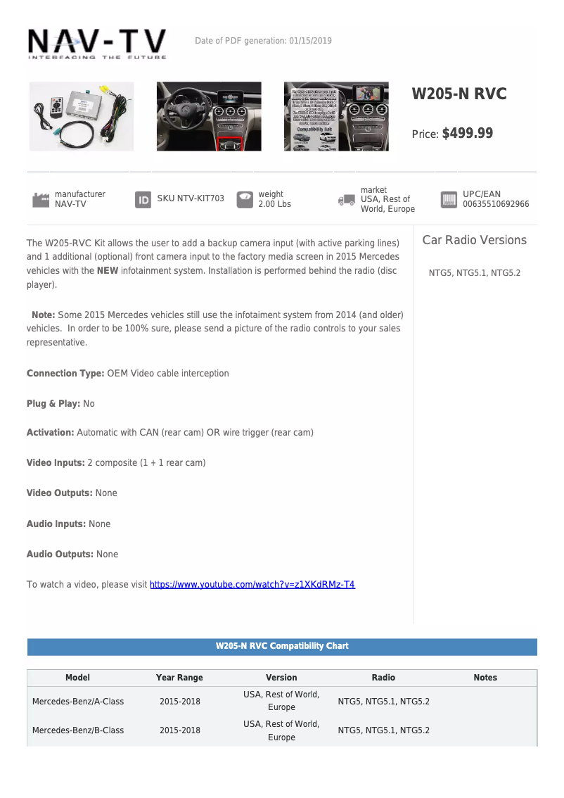 Page 1 of the manual Technical Sheet NAV-TV NTV-KIT703