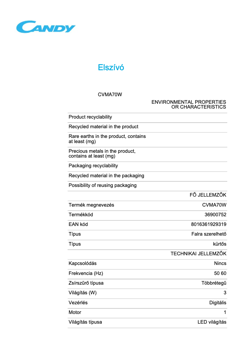 Image de la première page du manuel de l'appareil CVMA 70 W