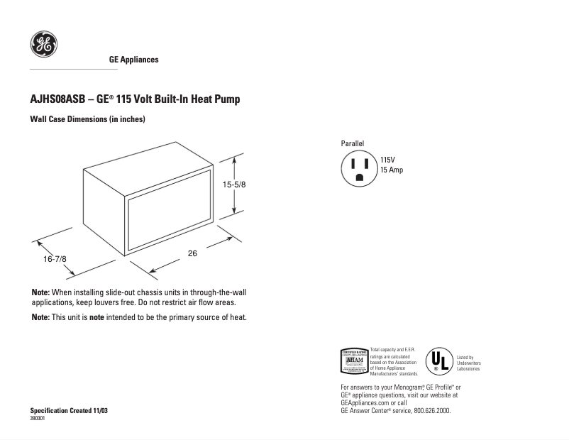 Page 1 de la notice Fiche technique GE AJHS08ASB