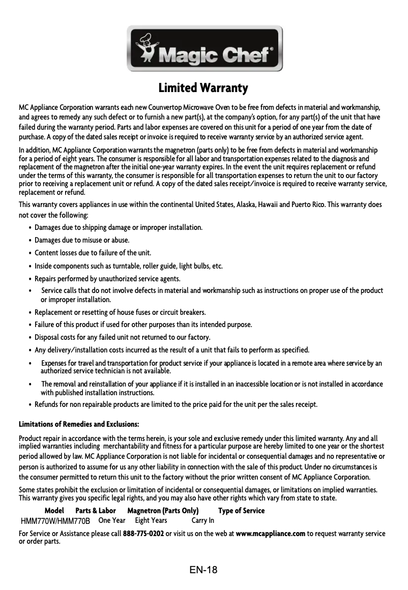 Page 1 de la notice Informations de garantie Magic Chef HMM770W