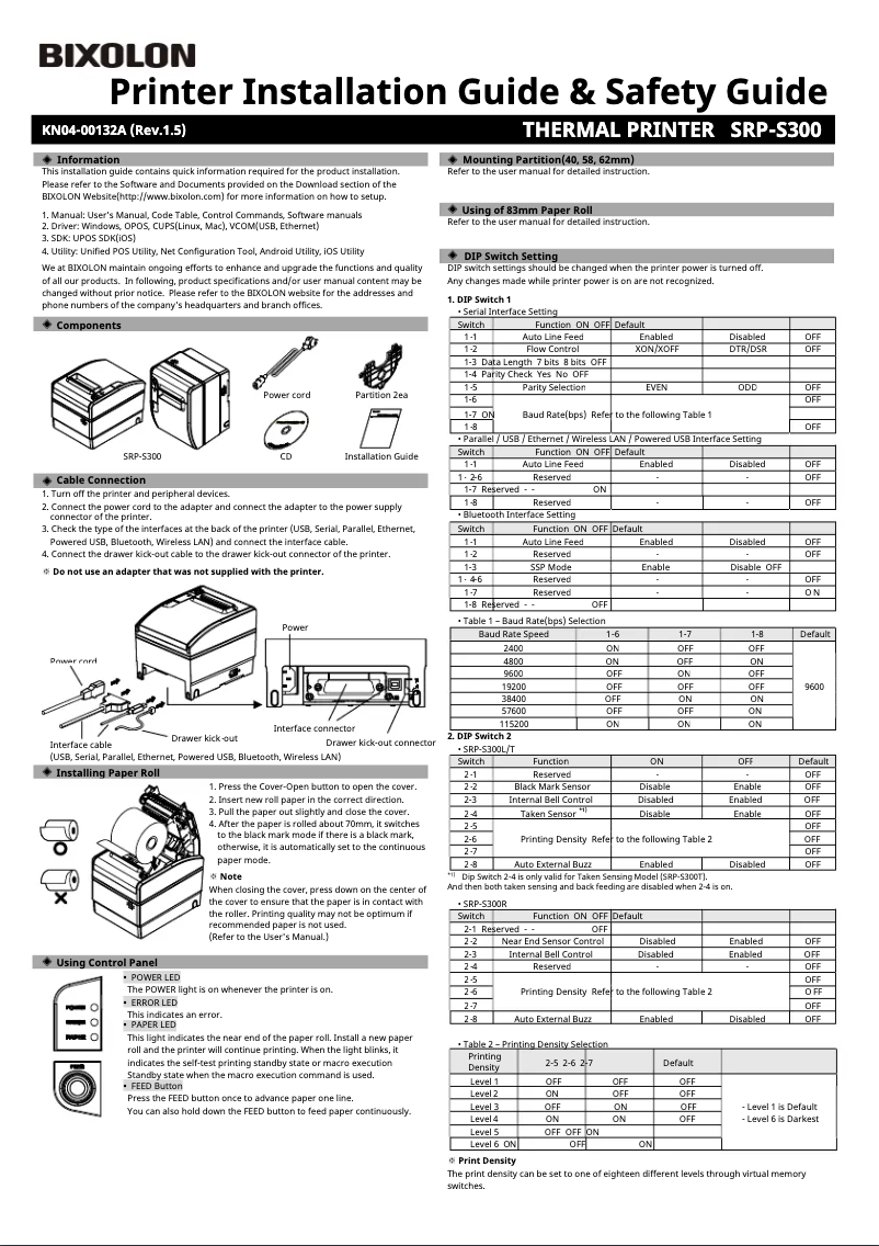 Page 1 de la notice Guide d'installation Bixolon SRP-S320Hi