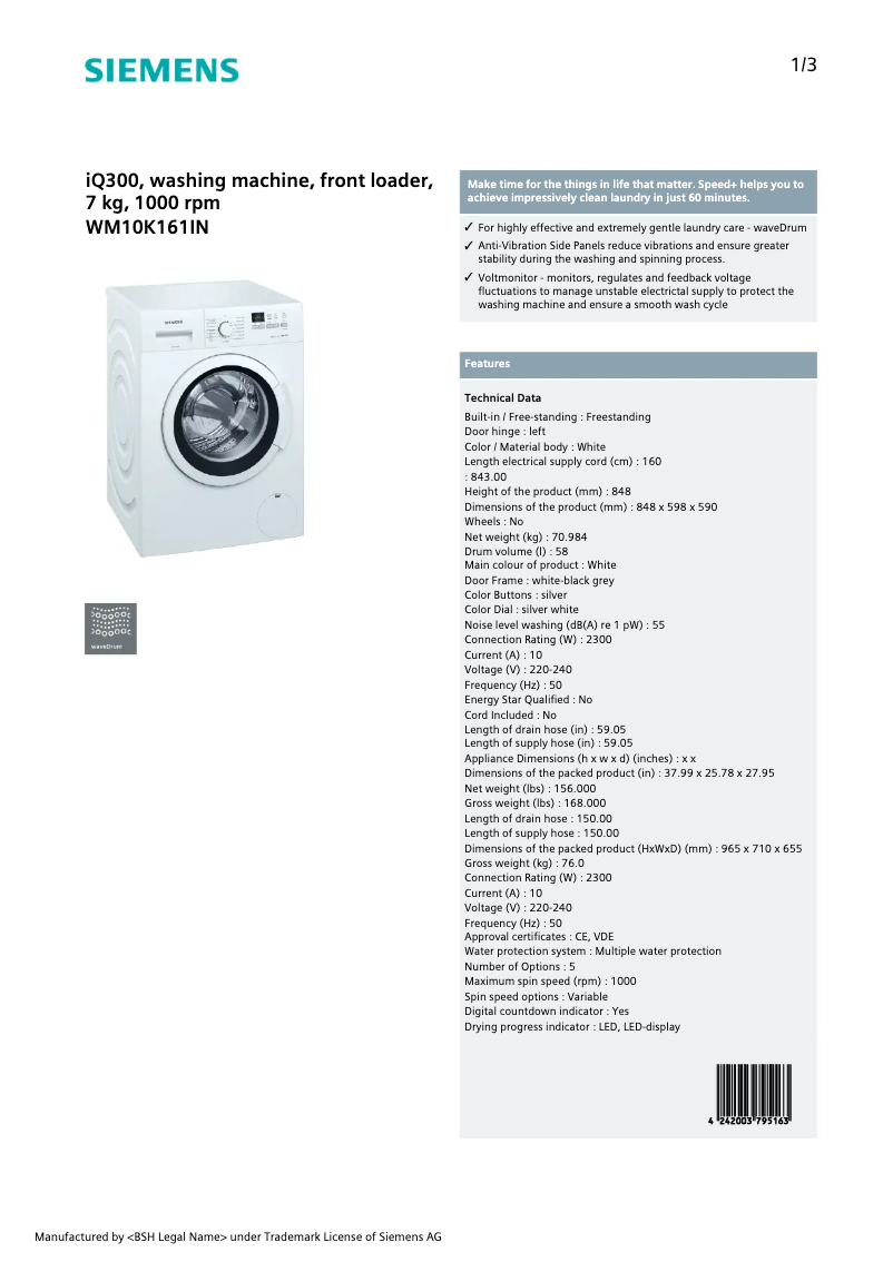 Page n°1 - Fiche technique Siemens WM10K161IN