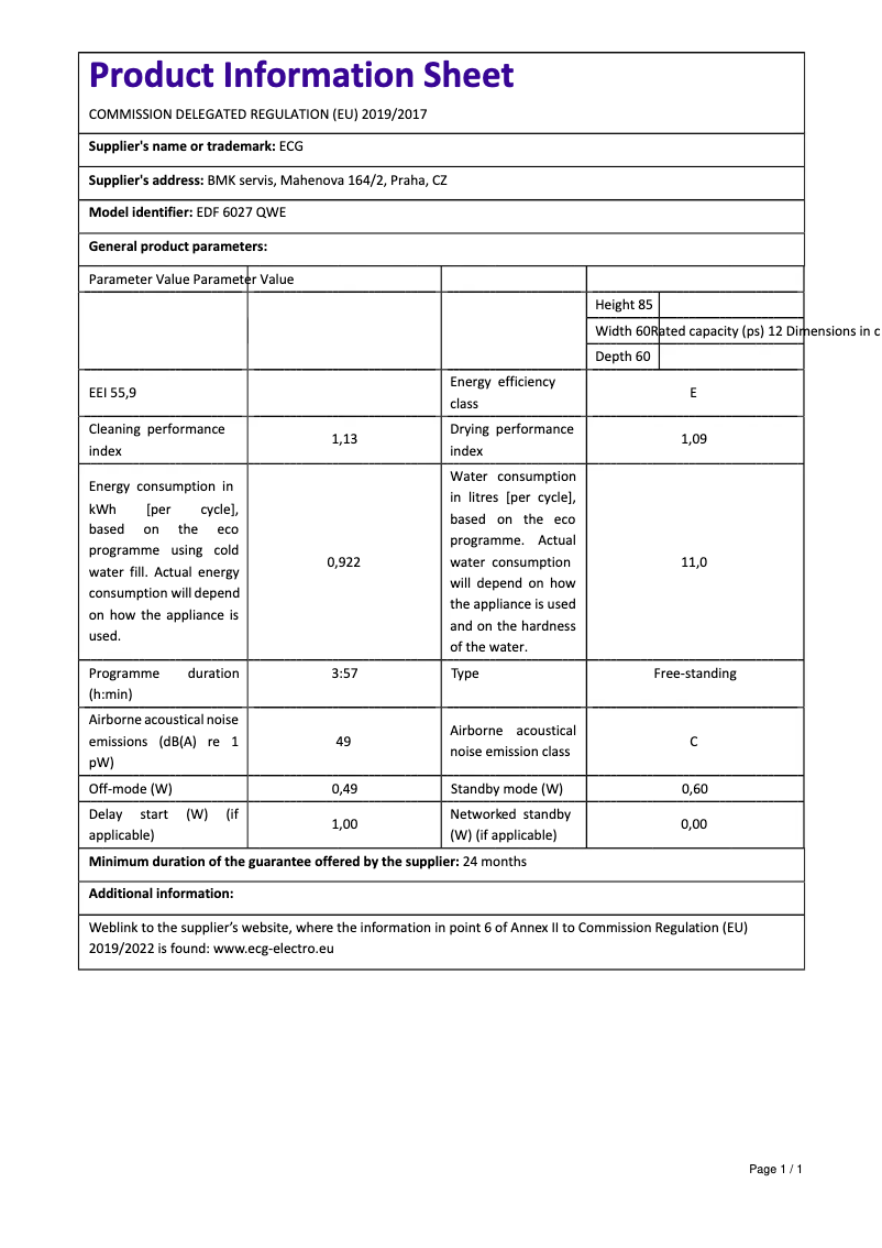Page n°1 - Fiche technique ECG EDF 6027 QWE
