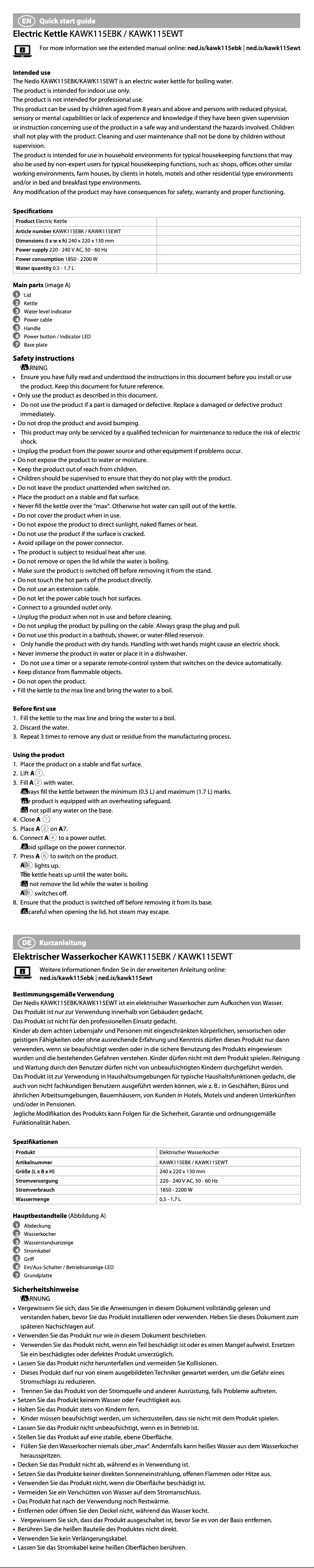 Page 1 de la notice Manuel utilisateur Nedis KAWK115EBK