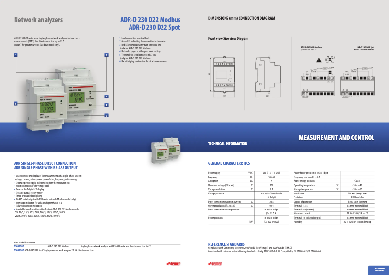 Page 1 de la notice Fiche technique Vemer ADR-D 230 D22 Modbus