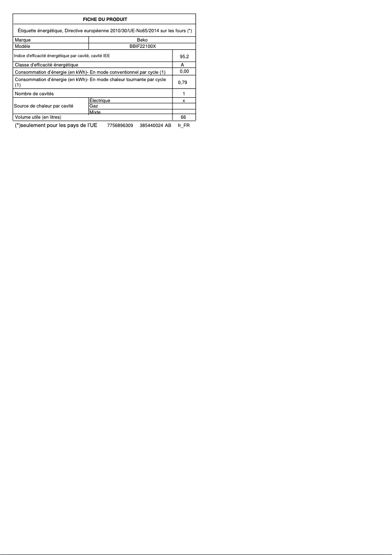 Page 1 de la notice Fiche technique Beko BBIF22100X