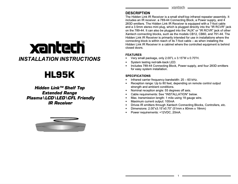 Page n°1 - Manuel utilisateur Xantech HL95K