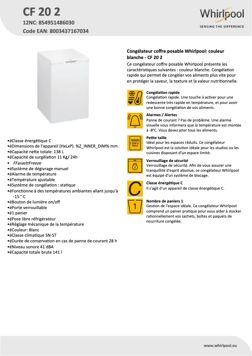 Page 1 de la notice Fiche technique Whirlpool CF 20 2