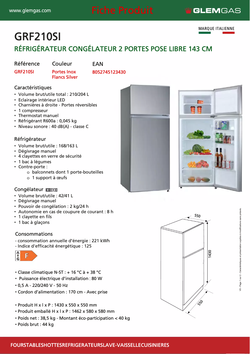 Page 1 de la notice Manuel utilisateur Glem Gas GRF210SI