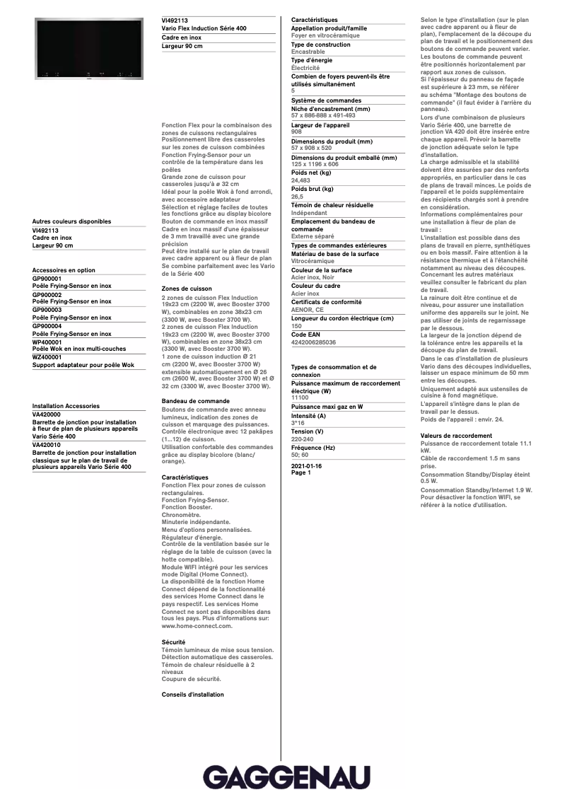 Page n°1 - Fiche technique Gaggenau VI492113